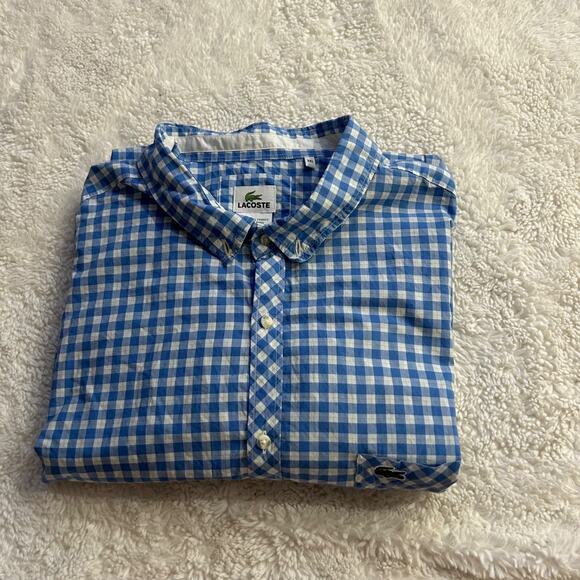 Lacoste Mens Plaid Plus Size 3XL Blue and White Plaid Short Sleeve Button Up - Picture 1 of 7